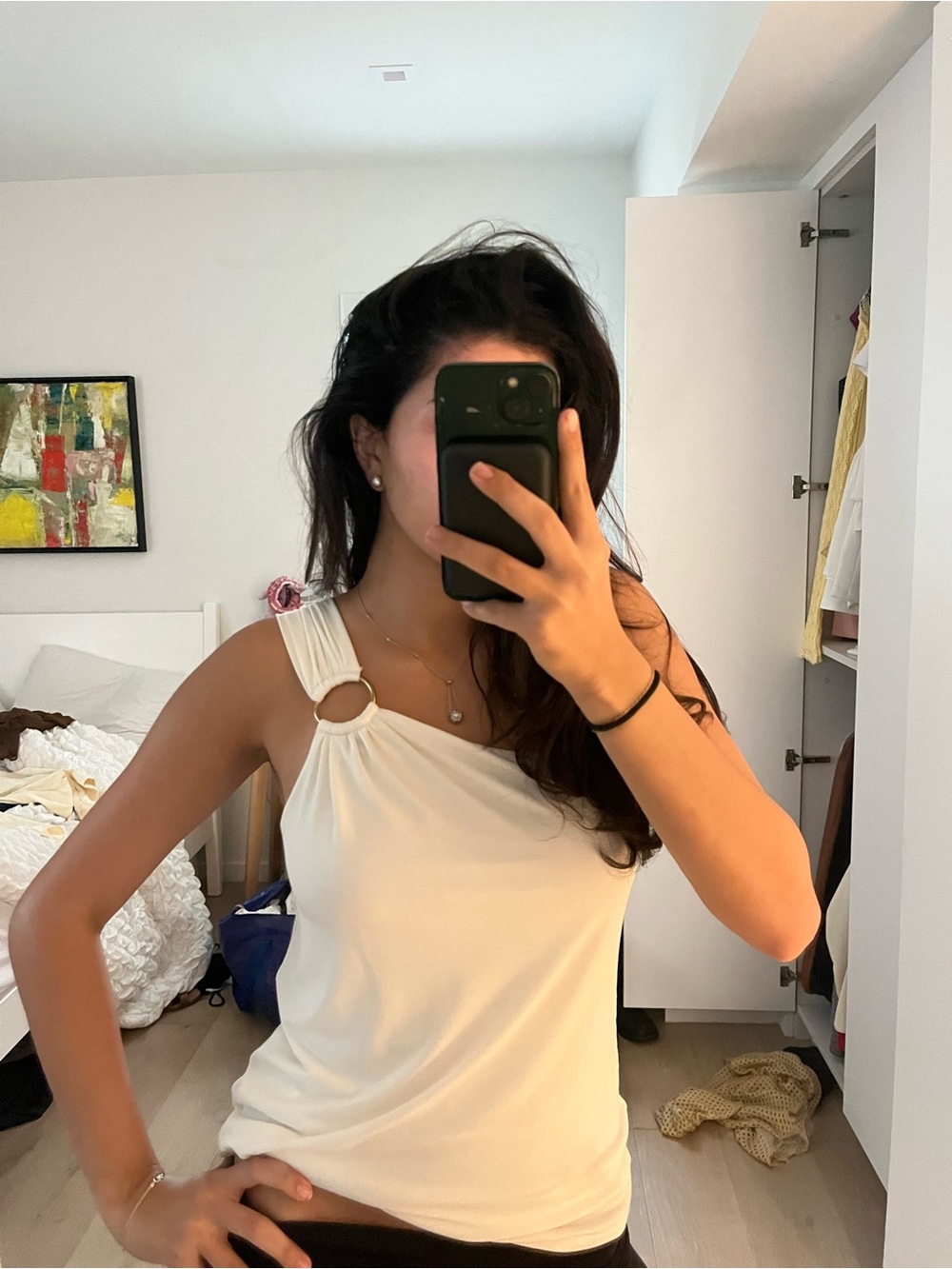 Express One-Shoulder Ring-Detail Tank in Cream